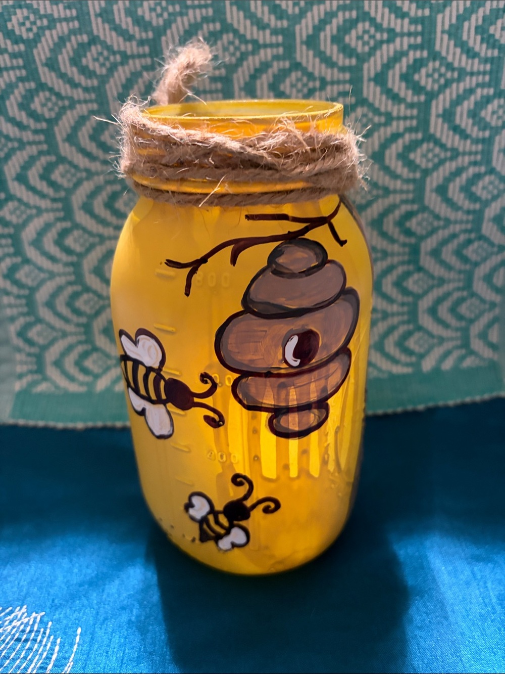 Hand-Painted Yellow Bee Mason Jar Vase with Jute Rope